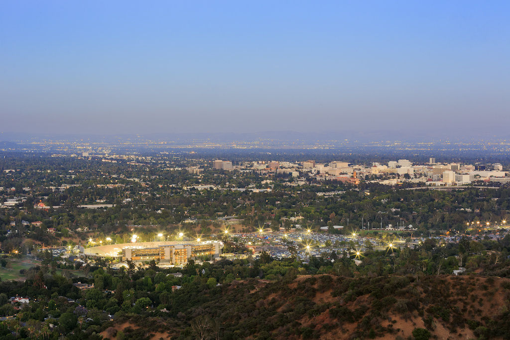 Far away aerial view of Rose Bowl in Pasadena, California